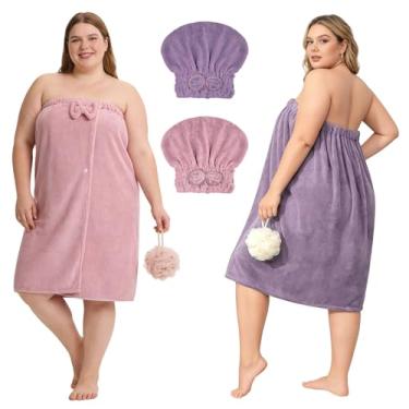Imagem de Hokoad 2 conjuntos de toalhas plus size para mulheres, toalha de banho ajustável com envoltório de toalha de cabelo, toalhas de tamanho grande vestido de toalha de elasticidade macia, secagem rápida