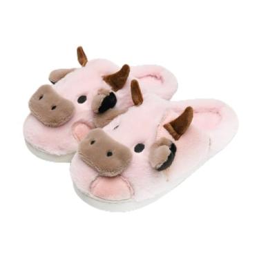 Imagem de Pantufas de vaca para mulheres e homens – Pantufa de pelúcia macia antiderrapante, sapatos felpudos quentes de inverno com espuma viscoelástica confortável, rosa, rosa, 9.5-10.5 Women/9-10 Men