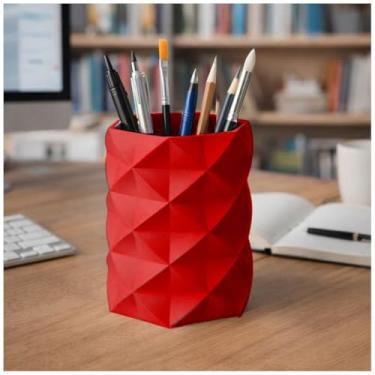 Imagem de Porta Canetas, Lápis, Pincel Geométrico Low Poly, Design Moderno, Organizador de Mesa, Estilo Minimalista (Vermelho)