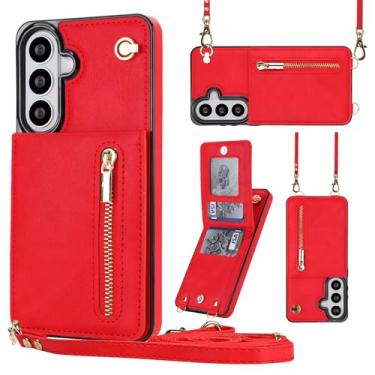 Imagem de Capa carteira para Samsung Galaxy S26, couro premium e TPU, capa traseira para celular com alça de pulso e suporte, capa protetora fina para mulheres e meninas (vermelho)