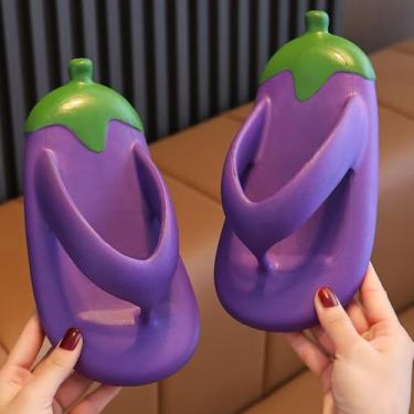 Imagem de Chinelos de dedo para meninos e meninas sandálias de praia em forma de berinjela desenho animado piscina chinelos infantis antiderrapantes macio casual chinelo, Roxa, 13 Little Kid