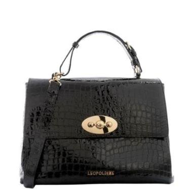 Imagem de Bolsa Feminina Couro Legitimo Preta Textura Croco com Alça de Mão e Ombro Leopoldine-Feminino