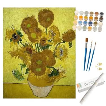 Imagem de Kit de pintura floral por números para adultos – Girassóis DIY em pintura em vaso enrolada em tela 40,6 x 50,8 cm, conjunto de tinta acrílica, adequado para iniciantes, arte botânica para decoração de