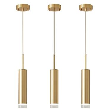 Imagem de Luminária pendente industrial dourada em LED, estilo tubo longo, com acabamento em latão escovado, design moderno de meados do século XX. Ideal para ilha de cozinha e outros ambientes. Pacot