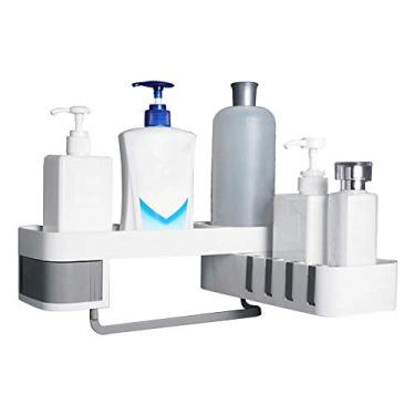 Imagem de Prateleira de Cantinho Banheiro Montada na Parede com Ganchos 2 Andares Cesto Organizador Ducha Banheira Adesivo Sem Furaduras Suporte Armazenamento para Pia Cozinha Armários Rotativos 180 Buracos Dre