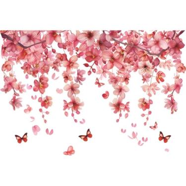 Imagem de Achang Adesivos de parede de plantas rosa floral borboleta vidro janela adesivo descascar e colar para sala de estar quarto TV parede decoração sala de aula
