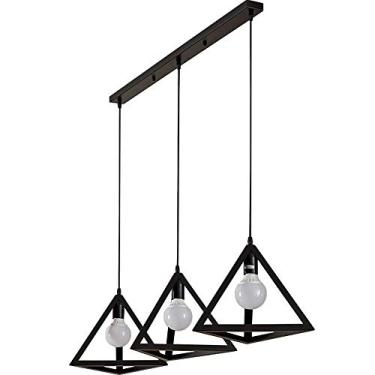 Imagem de Luminária pendente industrial, 3 lâmpadas em formato de chama, estilo vintage E27, com design geométrico em gaiola e base de montagem de 50 cm - Preta - Ø 25 cm, para iluminação interna e de