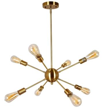 Imagem de Lustre moderno com soquete E27, luminária pendente estilo industrial retrô para sala de estar, cozinha, sala de jantar e quarto. Lâmpada não inclusa (dourado, 8 lâmpadas).