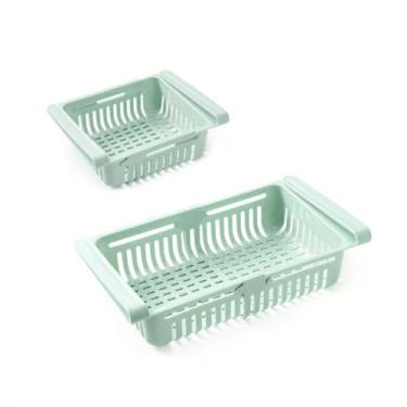 Imagem de Pacote com 2 cestos organizadores de geladeira retráteis, gaveta removível para armazenamento de geladeira com orifícios de ventilação (azul)