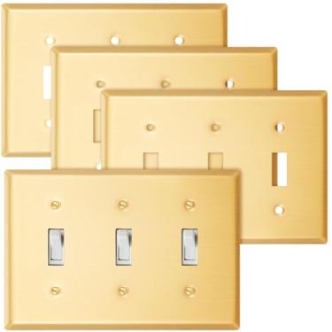 Imagem de Zonon Tampas de tomada douradas, capas de luz, latão metálico, escovado, receptáculo de ouro, placa de parede, resistente à corrosão, tamanho padrão, latão escovado (15 x 10 cm, interruptor triplo