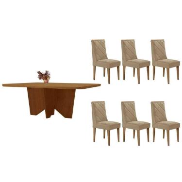 Imagem de Conjunto: Mesa Sala Jantar Nevada Tampo Curvo 180cm+6 Cadeiras Pietá Madeira Naturale - Capuccino/Suede Creme - Rufato