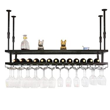 Imagem de Rack de teto para copos de vinho - Suporte de garrafa de vinho de metal de 2 camadas, armário de prateleira de vinho suspenso com altura ajustável, para bar café cozinha, rack de cálice (cor: preto