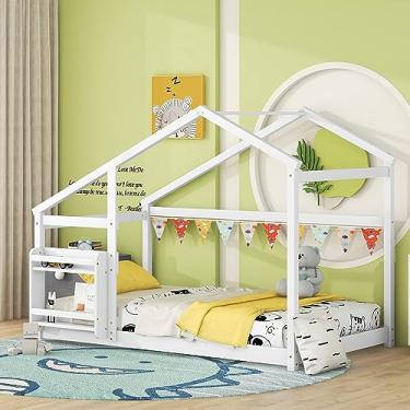 Imagem de Cama de casal em forma de casa de madeira com prateleira pequena, moldura de pinho resistente e suporte de ripas sólidas, sem necessidade de mola de caixa, 207,5 cm C x 115,3 cm L x 145,6 cm A, cor