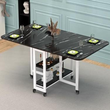 Imagem de Mesa de jantar dobrável moderna, mesa de jantar dobrável com 6 rodas e prateleiras de armazenamento de 2 camadas, mesa de cozinha com economia de espaço, suporte de aço carbono, dobrável em 3 formas