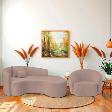 Imagem de Kit Recamier Curvo Sala De Estar Inglaterra 200cm Lado Direito E Poltrona Orgânica Luxo Amore Linho Rosê