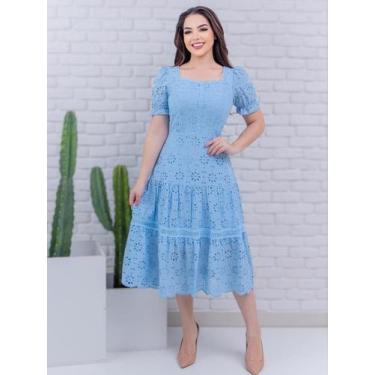 Imagem de Vestido Midi Rodado Malha Lese Algodão Evangélico Festa - Fashion, Azu
