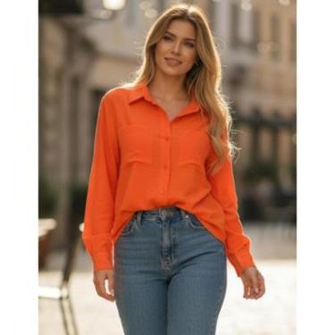 Imagem de Camisa Social Blusa Manga Longa Feminina Com Bolsos Botões Transparentes Linho Alfaiataria Fio a Fio-Feminino