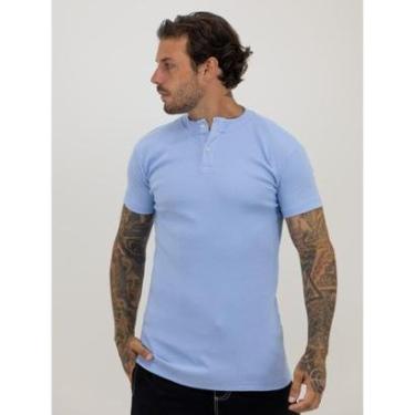 Imagem de Camiseta Slim Canelada Com Botão Lisa Estilo Americano Streetwear Justa ao Corpo Ribana Azul Claro-Masculino