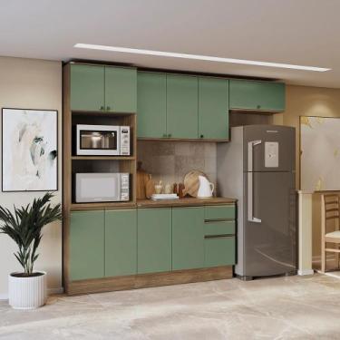 Imagem de Armário de Cozinha Completa 100% MDF 270cm Nogueira/Verde Celeste Kapp