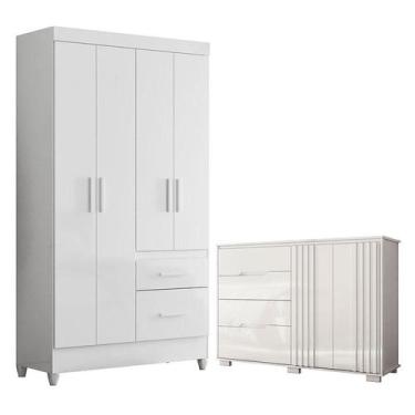 Imagem de Guarda Roupa Solteiro Madri Flex e Cômoda Texas Branco Brilho  Moval