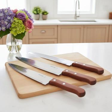 Imagem de Kit 03 Facas Cabo de Madeira Aço Inox ** 01 Faca 28cm + 01 Faca 33cm + 01 Faca Pão ** Carne Frango Peixe legume - PANAMI