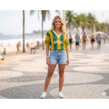 Imagem de Blusa Feminina Brasil Tricot Vazado Decote V Cor:Amarelo/VerdeTamanho: