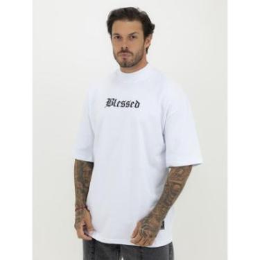 Imagem de Camiseta Oversized Gola Alta Estampa Abençoado Streetwear Algodão Premium Branco-Masculino