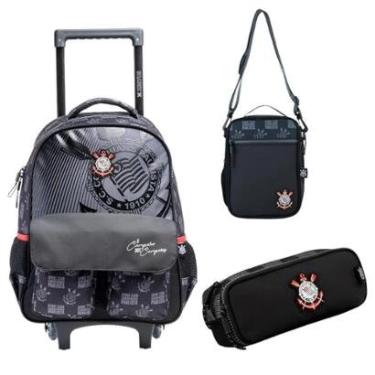Imagem de Kit Mochila Com Carrinho Lancheira Térmica e Estojo Duplo Corinthians-Unissex