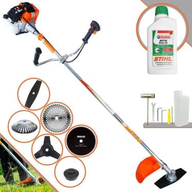 Imagem de Cortador de Grama À Gasolina Vulcan VR430S 43cc 1,7HP 10.000rpm Roçadeira Lateral 6 Em 1 Com Carretel + Kit 4 Facas + Escova de Aço + ÓLEO STIHL 2T