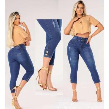 Imagem de Calça Jeans Feminina Capri com Botões na perna com Lycra e Cintura Alt