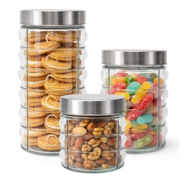 Imagem de Conjunto 3 Potes em Vidro com Tampa Rosca Aço Inox Porta Mantimentos Design Decor