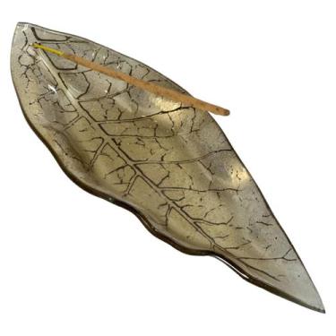 Imagem de Incensário Vareta Forma Folha Vidro Verde Amarelo Ouro 24cm - M3 Decor