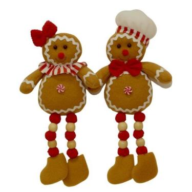 Imagem de Casal Biscoito Gengibre Decorado Natal Pelúcia Perna Miçanga 30cm - Ma