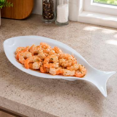 Imagem de Petisqueira Bandeja Travessa Melamina Peixe Oceano 45x21cm Formato de Peixe para Servir Petiscos e Frutos do Mar Branco