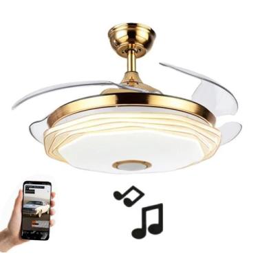 Imagem de Ventilador de teto retrátil Dourado Bivolt com som e Bluetooth. - DELU