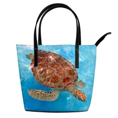 Imagem de ColourLife Bolsas tote de couro tartaruga marinha na água alça de ombro bolsas presentes para mulheres meninas escola viagem mochila mochila