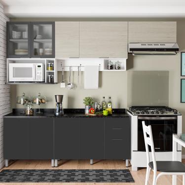 Imagem de Cozinha Completa Bartira Rubi com 9 Portas, 3 Gavetas e 6 Prateleiras - 280cm de largura - Branco/Freixo/Preto