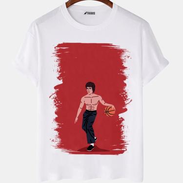 Imagem de Camiseta masculina Desenho Bruce Lee Basquete Arte Camisa Blusa Branca Estampada