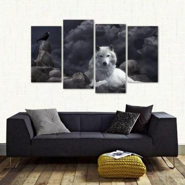 Imagem de Quadro Decorativo Lobo Branco Artístico Em Tecido 4 Peças