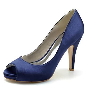Imagem de Sapatos de noiva stiletto femininos escarpins de cetim marfim Peep Toe salto alto sapatos sociais,Dark blue,9 UK/42 EU