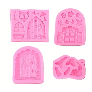 Imagem de Conjunto de 4 moldes de silicone para fondant vintage fada jardim fada gnomo casa porta caracol para fazer doces de fondant molde de chocolate sobremesas cubo de gelo goma de argila biscoito gesso resina cupcake topo de bolo decoração