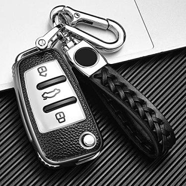 Imagem de YJADHU Capa de couro TPU masculina feminina capa de chave dobrável para carro, apto para Audi A3 A4 A5 A6 B6 B7 B8 Q3 Q7 S3 C5 C6 4F 8L 8P 8V RS3 S3 TT, chaveiro prata