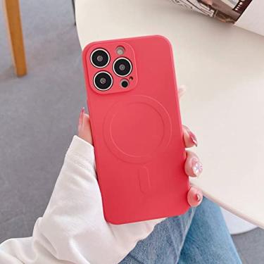 Imagem de Capa magnética de silicone líquido para iPhone 14 13 12 11 Pro Max X XR XS MAX 7 8 Plus SE3 Capa magnética de carregamento sem fio, vermelho camélia, para iPhone 12Pro Max