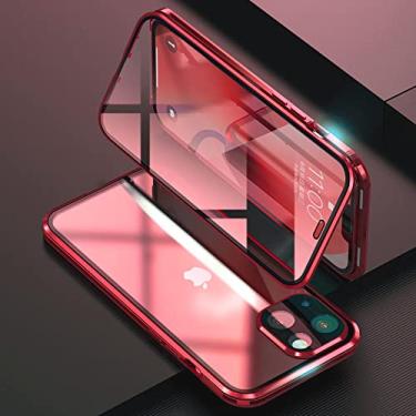 Imagem de Capa de telefone de metal de adsorção magnética de vidro dupla face 360 para iphone 13 12 mini 11 14 pro max capa de filme protetor de lente de câmera, vermelho, para iphone 12