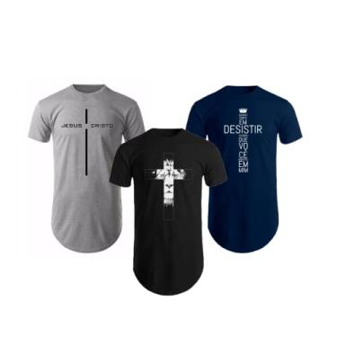 Imagem de Kit Com 3 Camisetas Camisas Masculinas Long Line Gospel Cristã Evangélicas (GG, 1 Preta, 1 Branca e 1 Cinza)