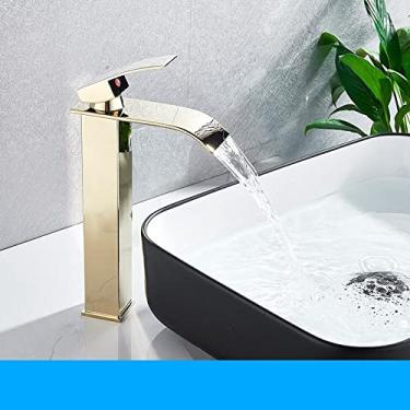 Imagem de Torneira para lavatório em cascata preta fosca Torneira para lavatório de alça única Misturador para lavatório de água quente e fria para banheiro Torneira misturadora para lavatório, alta, ouro brilhante