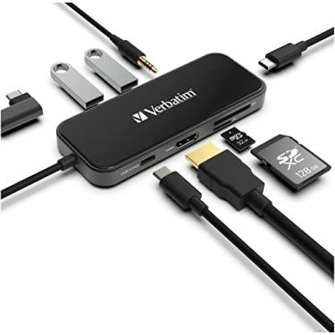 Imagem de Verbatim Adaptador Hub USB C 8 em 1 – 100 W, 2 portas USB 3.0, 1 USB C, leitores de cartão SD, porta de áudio de 3,5 mm para laptops USB C