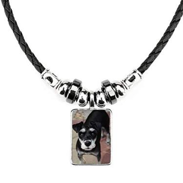 Imagem de DIYthinker Colar de animais de estimação de cachorro preto fofo joia Torque pingente de corda de couro