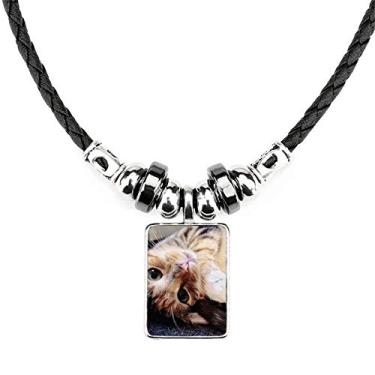 Imagem de DIYthinker Colar de gato listrado com pingente de corda de couro adorável, joia