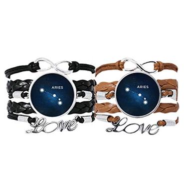 Imagem de DIYthinker Pulseira de signo do zodíaco da Constelação Áries com alça de mão e pulseira de corda de couro, conjunto duplo para presente